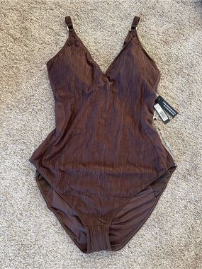 TA3 Plungey Ring One Piece Swimsuit Wavy Espresso Brown 4X X-Long NWT Sculpting